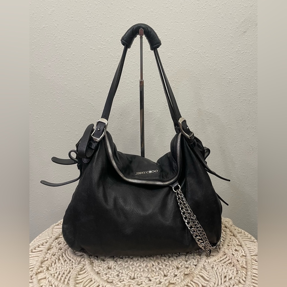 JIMMY CHOO Leather Biker Chain Bag Black